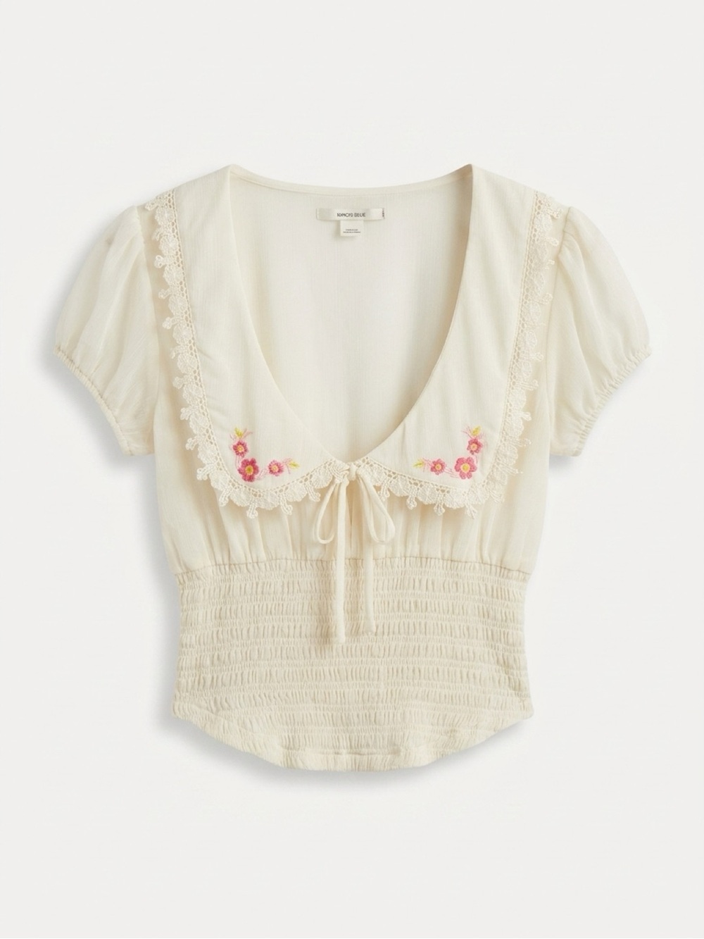 Kimchi Blue Women Cream Lace-Trim Tie Front Blouse with Pink Floral Embroidery M